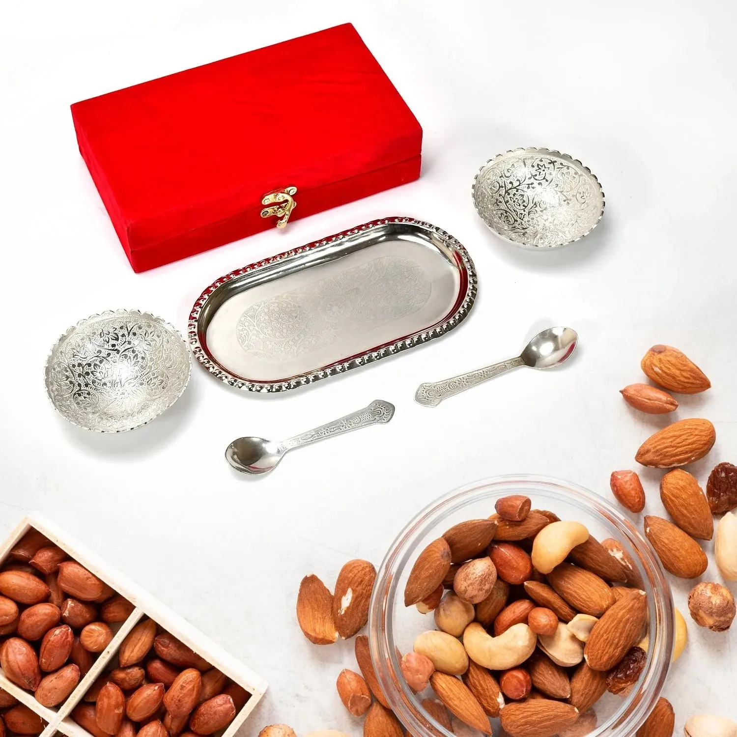 Silver-Plated Brass Bowl & Spoon Set with Velvet Gift Box