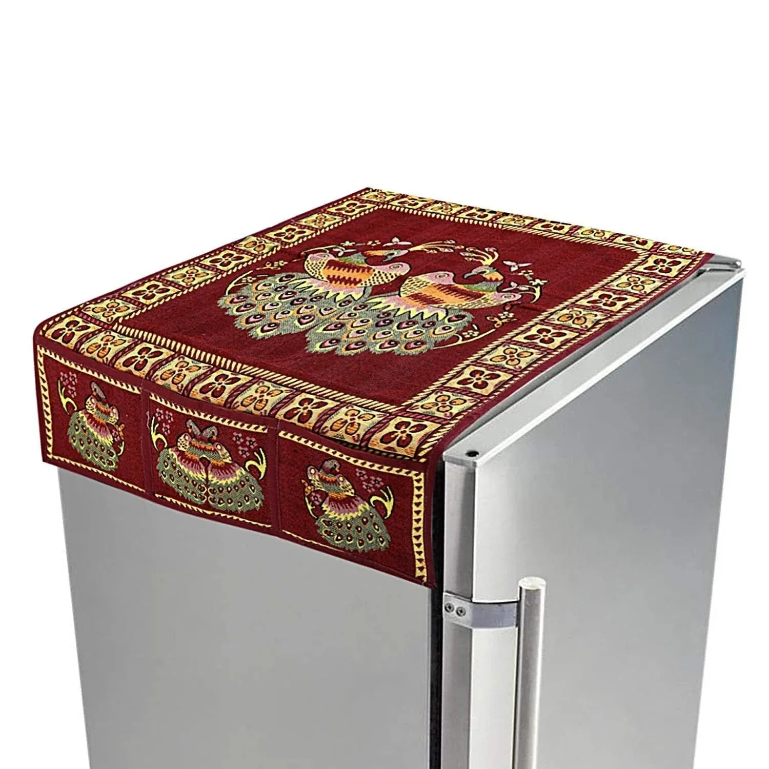 Cotton fridge top cover with side pockets for home decor (100×60 cm)