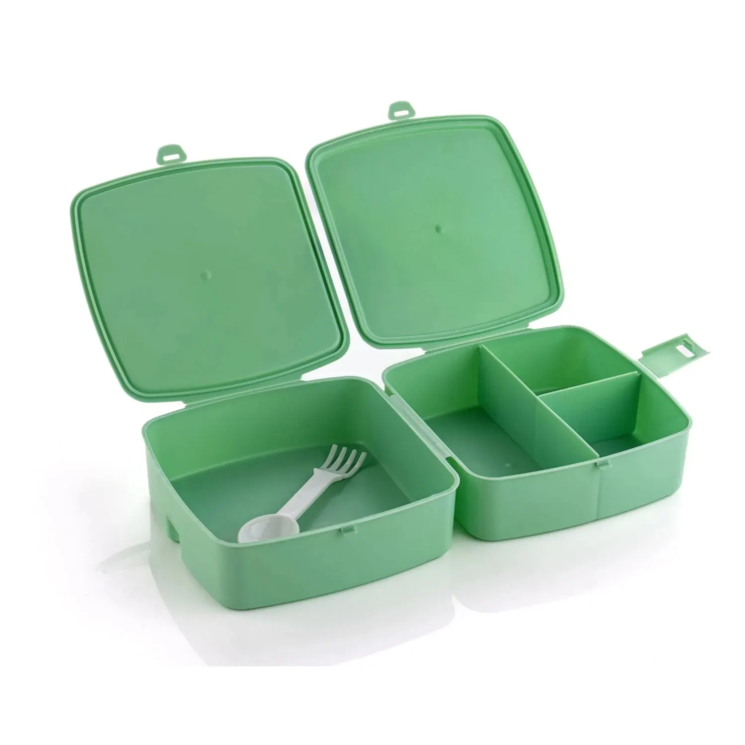 Double-Layer Square Lunch Box with Spoon , 4 Compartment Tiffin & Push Lock